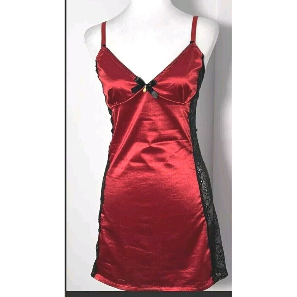 Seven Til Midnight Lace Lingerie Size Small Slip Red Black V Neck Satin Vintage